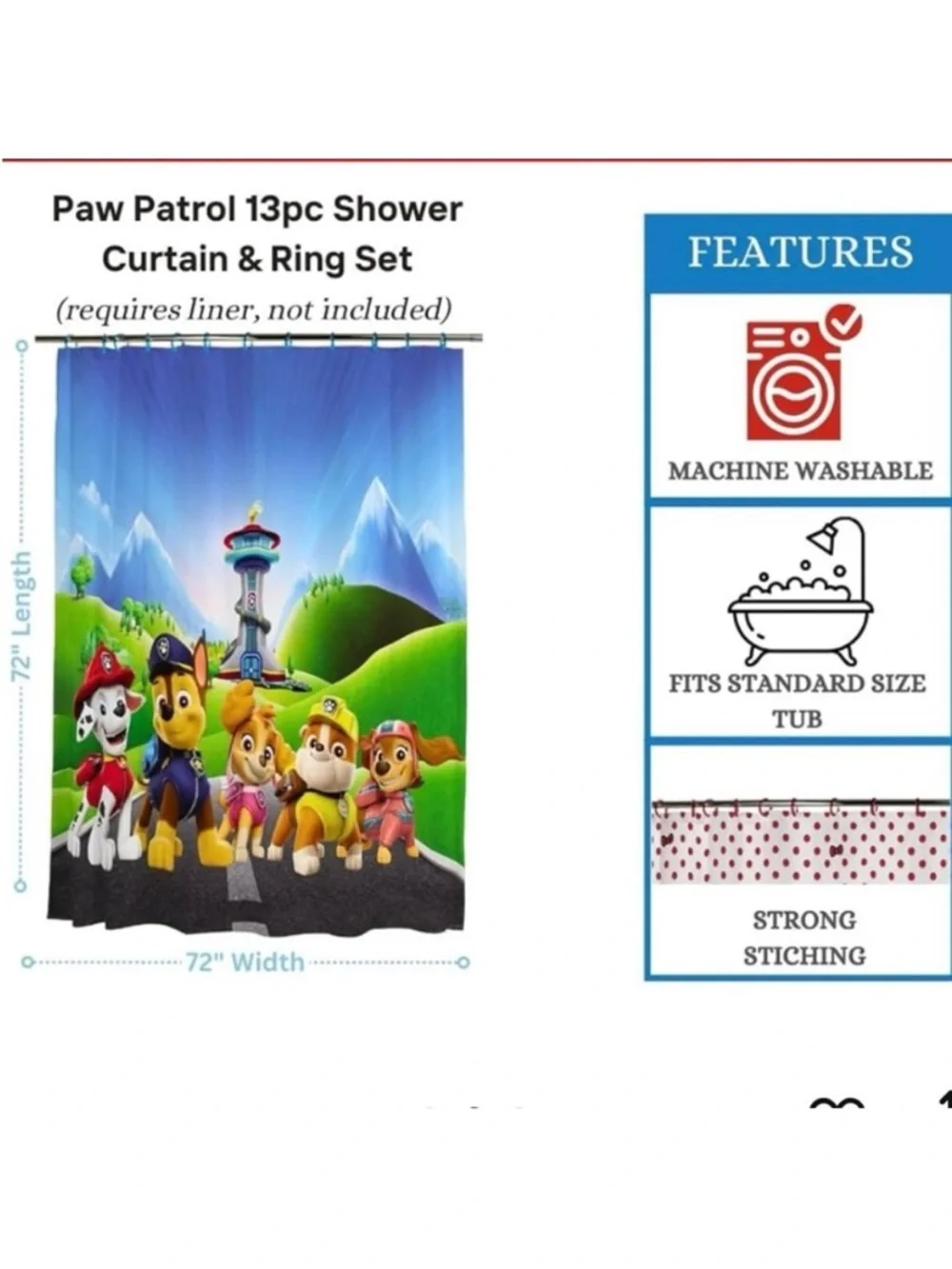 🆕 - PAW PATROL-13pc Shower Curtain & Ring Set. New in packaging